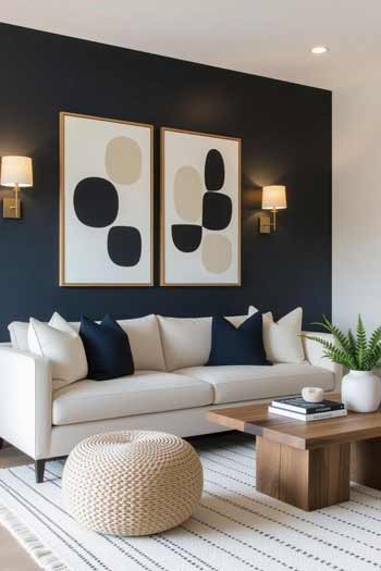 دیوار تاکیدی با رنگ دارک و نقاشی‌های لایت