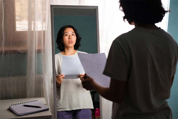 تمرین جلوی آینه یا ضبط صدا.