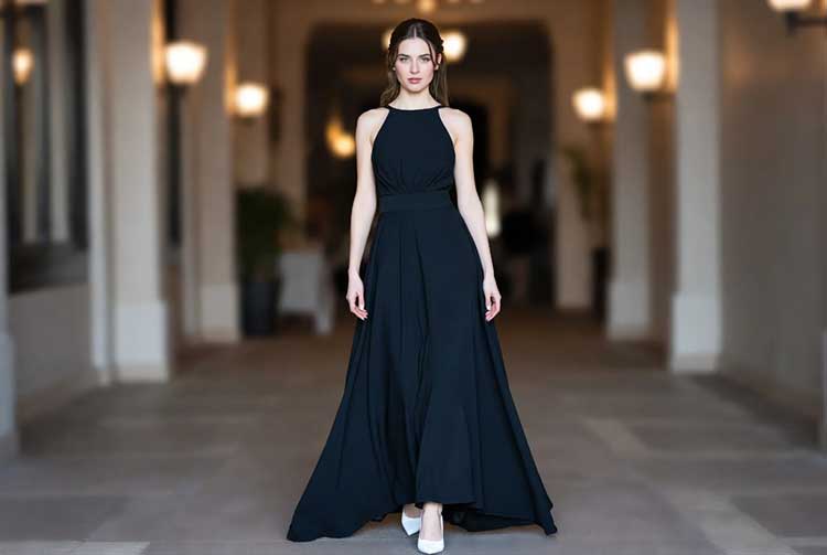 پیراهن ماکسی مشکی با کفش پاشنه بلند سفید