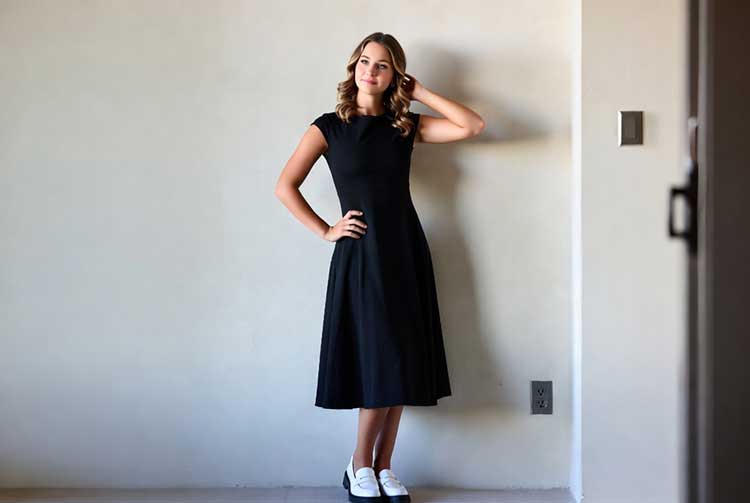 پیراهن مشکی کوتاه (LBD) با کفش لوفر سفید